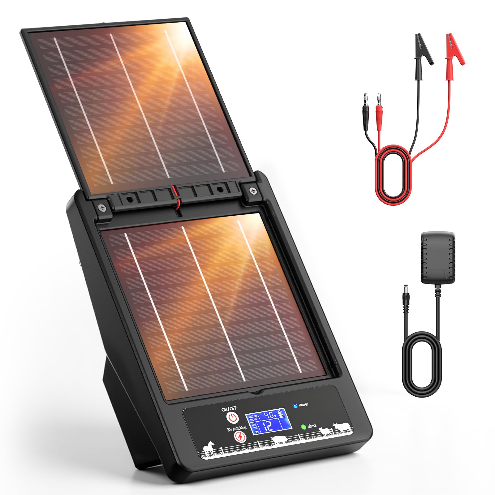 Kit de valla eléctrica con energía solar, 6-12 kV, voltaje ajustable, 0,3 – 2,0 J, batería de 18000 mAh, dos paneles solares de 10 W, alcance de 32 km, IP55 impermeable, para agricultura, jardín