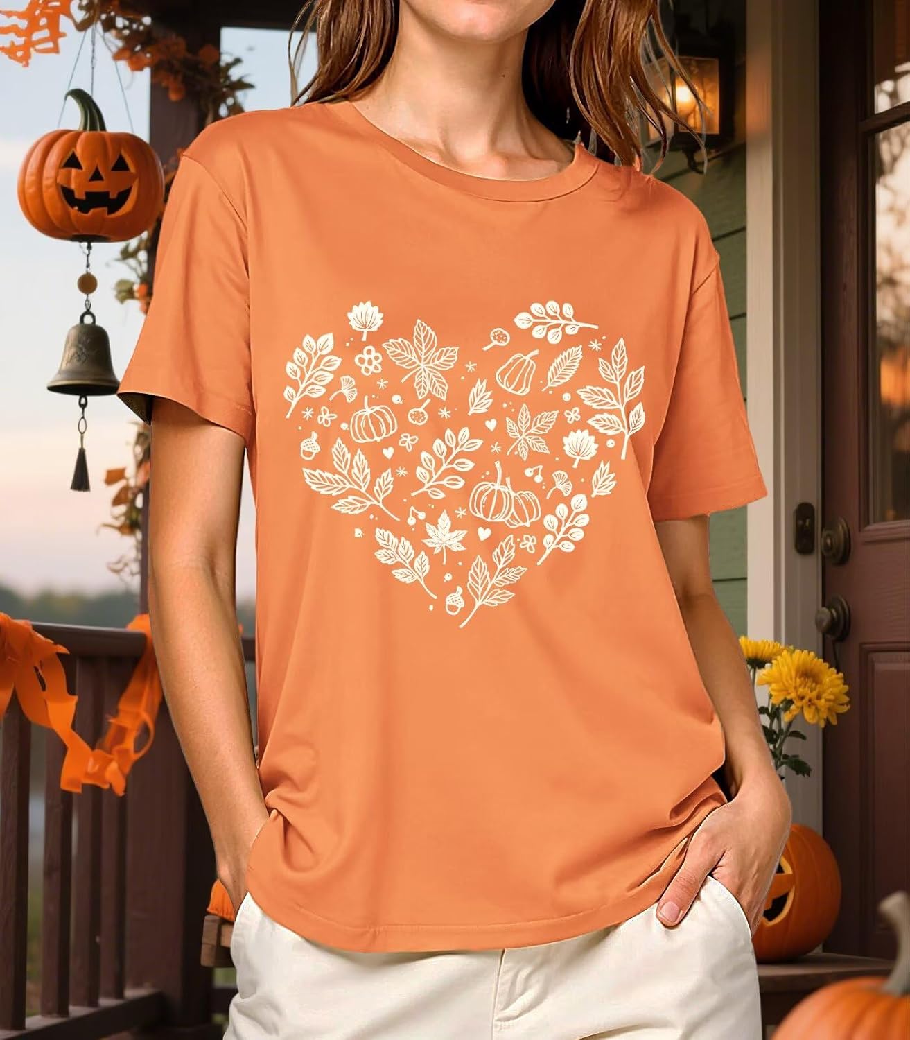 Fall Tshirts for Women Halloween Shirts Pumpkin Maple Leaf Graphic Tees Thanksgiving Tops - Image 7