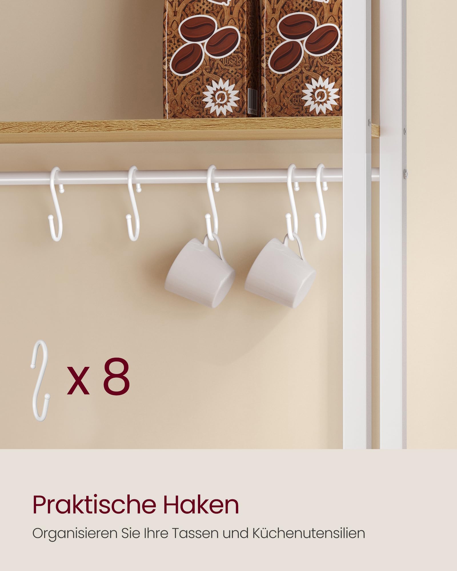 VASAGLE Küchenregal mit Steckdosen, Küchenschrank, 90 cm hoher Arbeitsplatte, Standregal mit 8 Haken, 40 x 60 x 170 cm, goldeichenfarben-wolkenweiß KKS058Y02