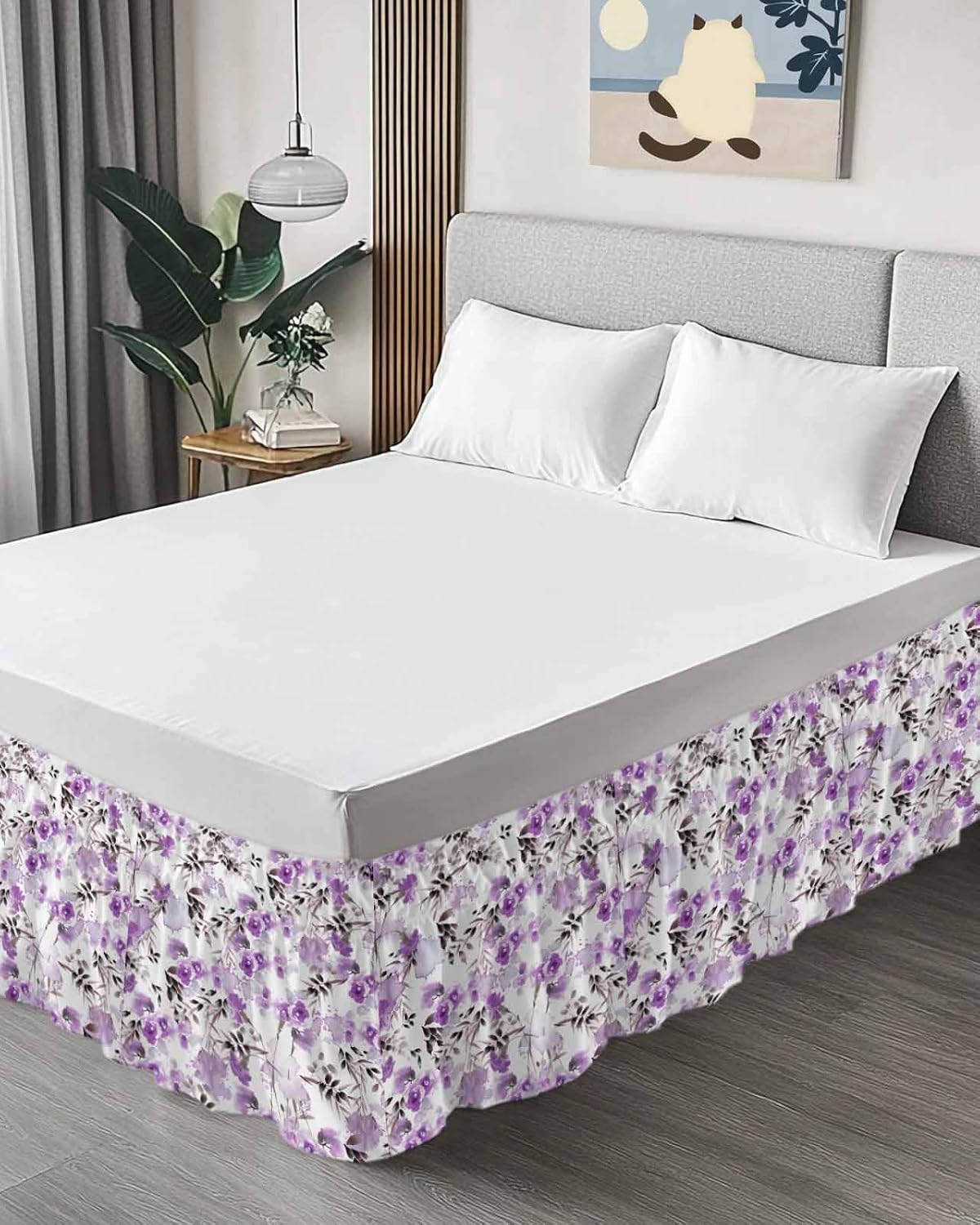 Queen Size Bed Skirt with Elastic Ruffle, Purple Rose Flower Watercolor Leaves Bed Skirt with Adjustable Elastic Bands, Easy Wrap Around Design 16 Inch Tailored Drop
