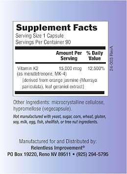 Natural Vitamin K2 MK4 - High-Potency 15,000mcg Supports Bone and Arterial Health Soy-Free, Vegi-Capsules