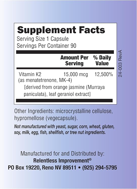 Natural Vitamin K2 MK4 - High-Potency 15,000mcg Supports Bone and Arterial Health Soy-Free, Vegi-Capsules