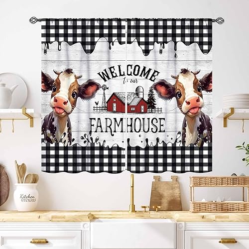 Miniatura 33 de Cortinas de cocina de granja, animales de granja rústica, gallo, pollo, leche, vaca, cerdo, molino de viento, granero rojo, retro, casa rural,
