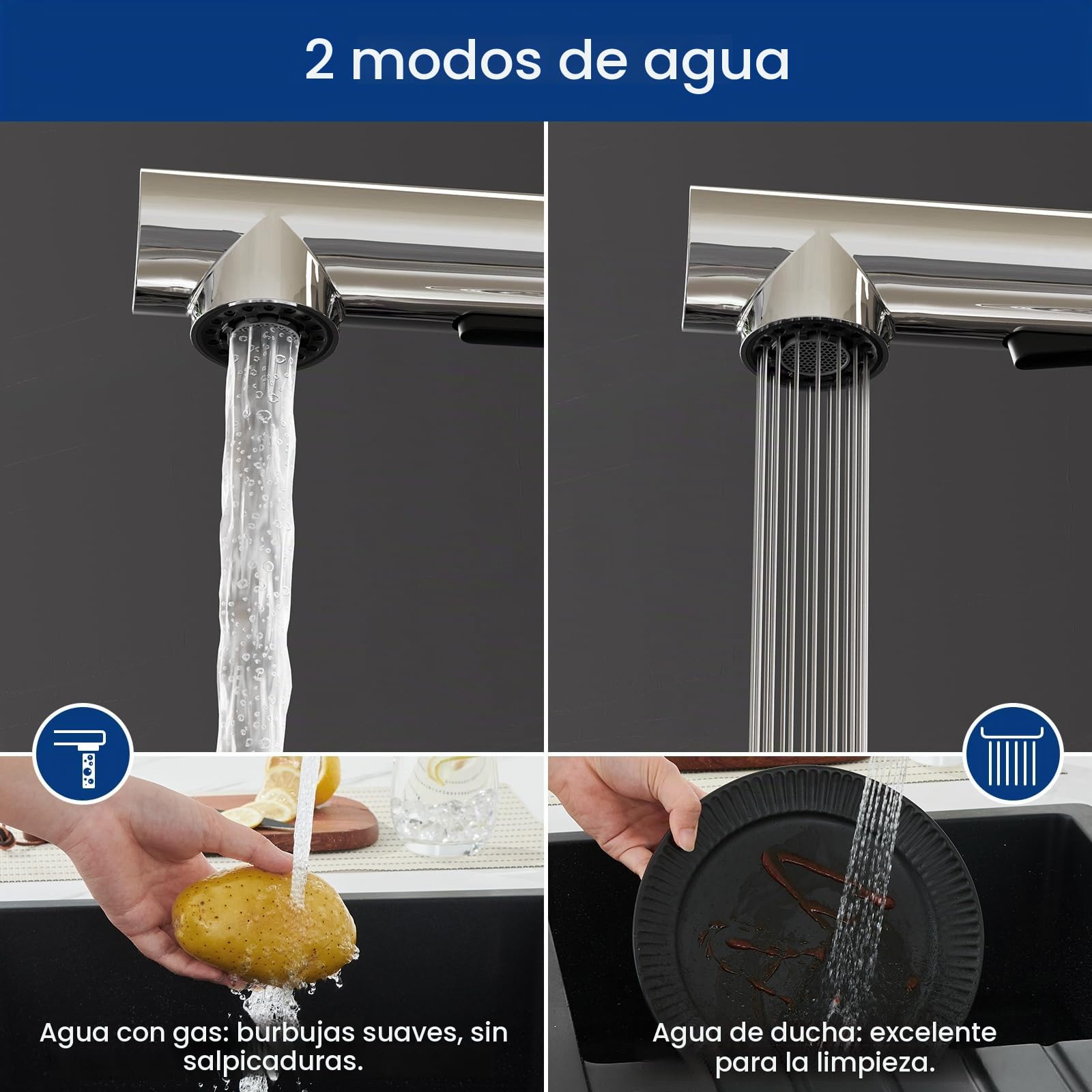 CECIPA Grifo Cocina, Grifo Cocina Fregadero Extraíble con dos Modos Chorro, Mezclador con Palanca única para Fregadero, Giratorio 360°, Aleación Zinc, Negro-Cromo