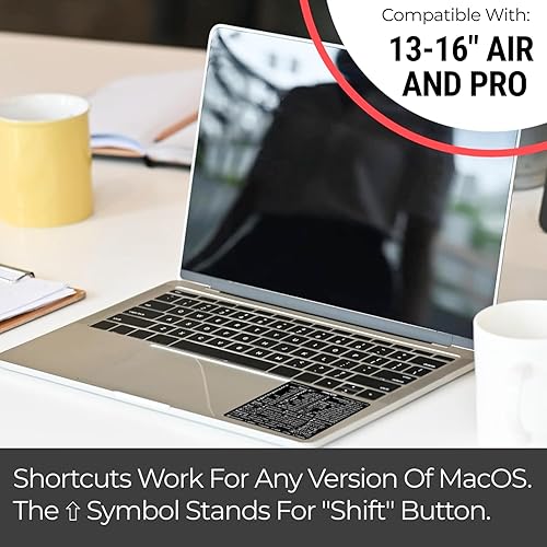 Vista 67 de Synerlogic (5 unidades) Pegatina de atajos de Mac OS, calcomanías de teclado para macOS, vinilo laminado sin residuos, hoja de trucos para MacBook