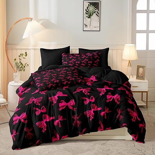 Miniatura 7 de Merryword Juego de edredón con lazo rosa intenso, tamaño King, 4 piezas, pajarita princesa, ropa de cama color negro, edredón de cama