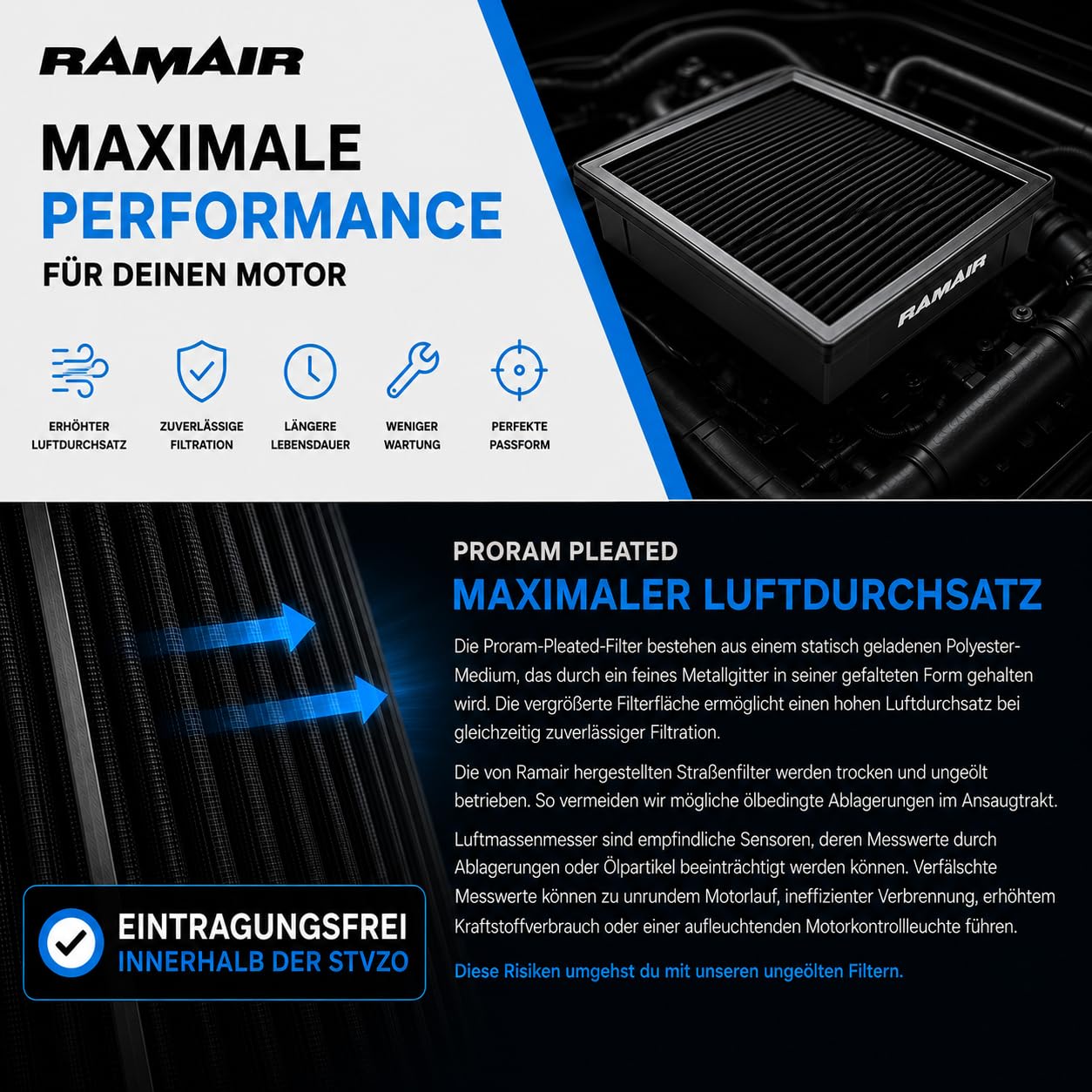 Ramair Proram Sportluftfilter PPF-1721 | ölfrei und wiederverwendbar | maximale Langlebigkeit