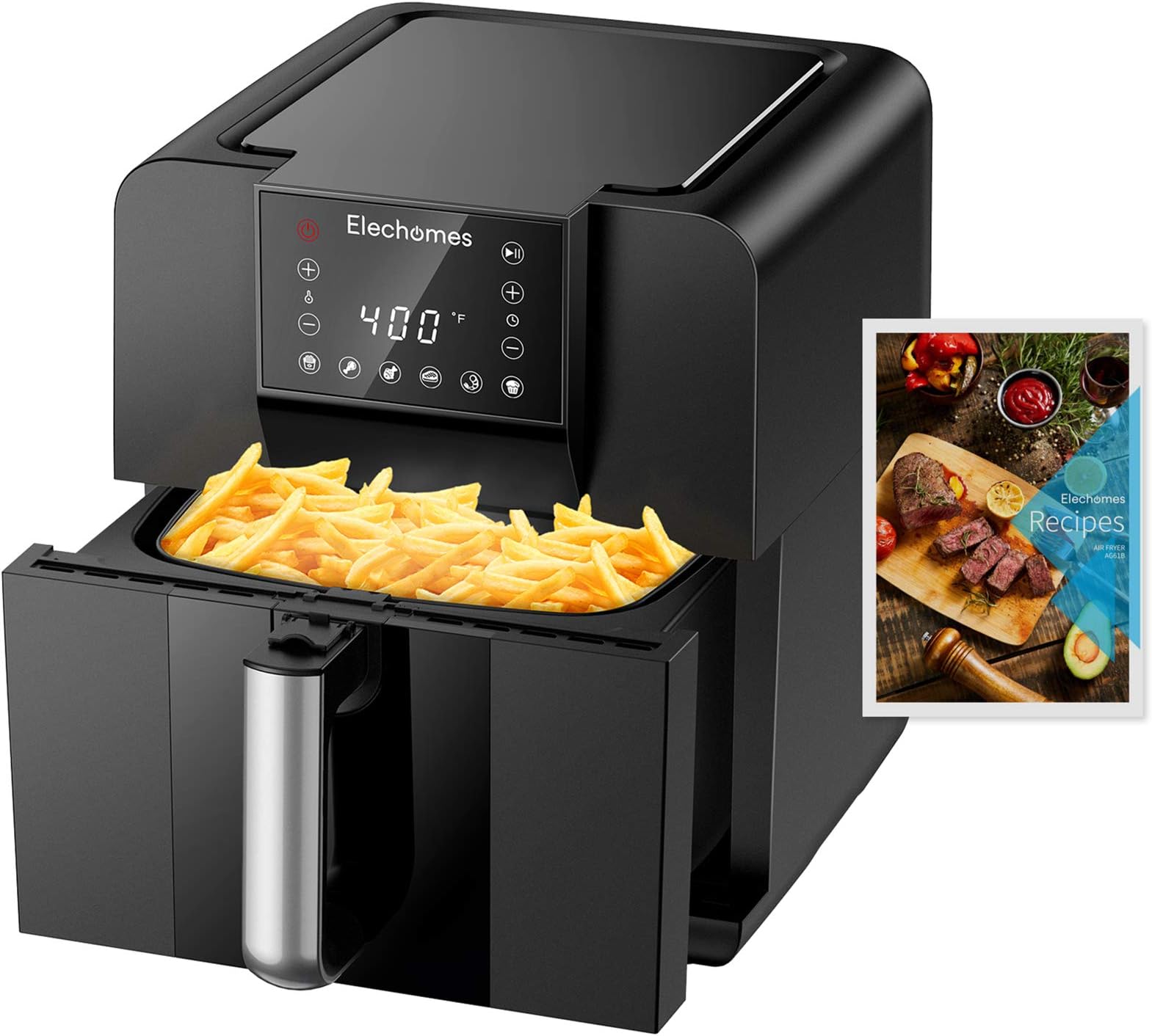 Elechomes AG61B Air Fryer, Max XL 6.3 Quart Oilless Electric Oven with Free 120 Recipes Book, Double Fan Design for Rapid Evenly Heating, LED Digital Touchscreen with 6 Smart Presets, BPA-Free Nonsti