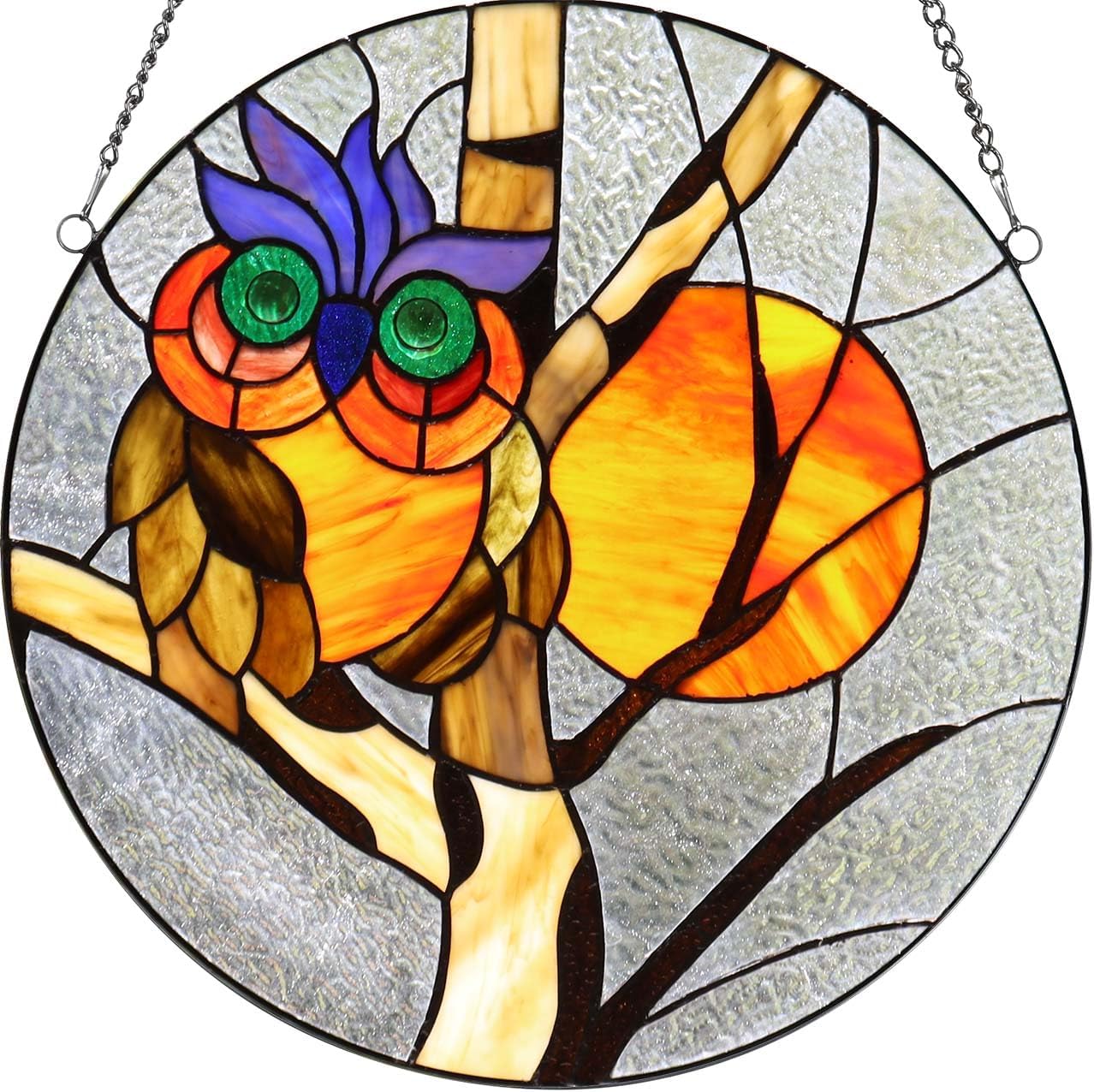 Bieye W10062 Owl in a Bare Tree Tiffany Style Stained Glass Window Panel with Chain, Round Shape, 16-inch Wide