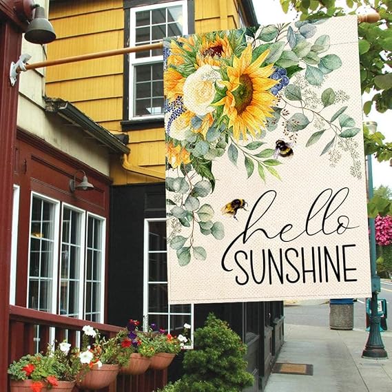 Baccessor Summer House Flag Hello Sunshine Sunflower Bee Eucalyptus Leaves Yard Flag 28 X 40 Inch Double Sided Burlap Large Flag for Outside Decor