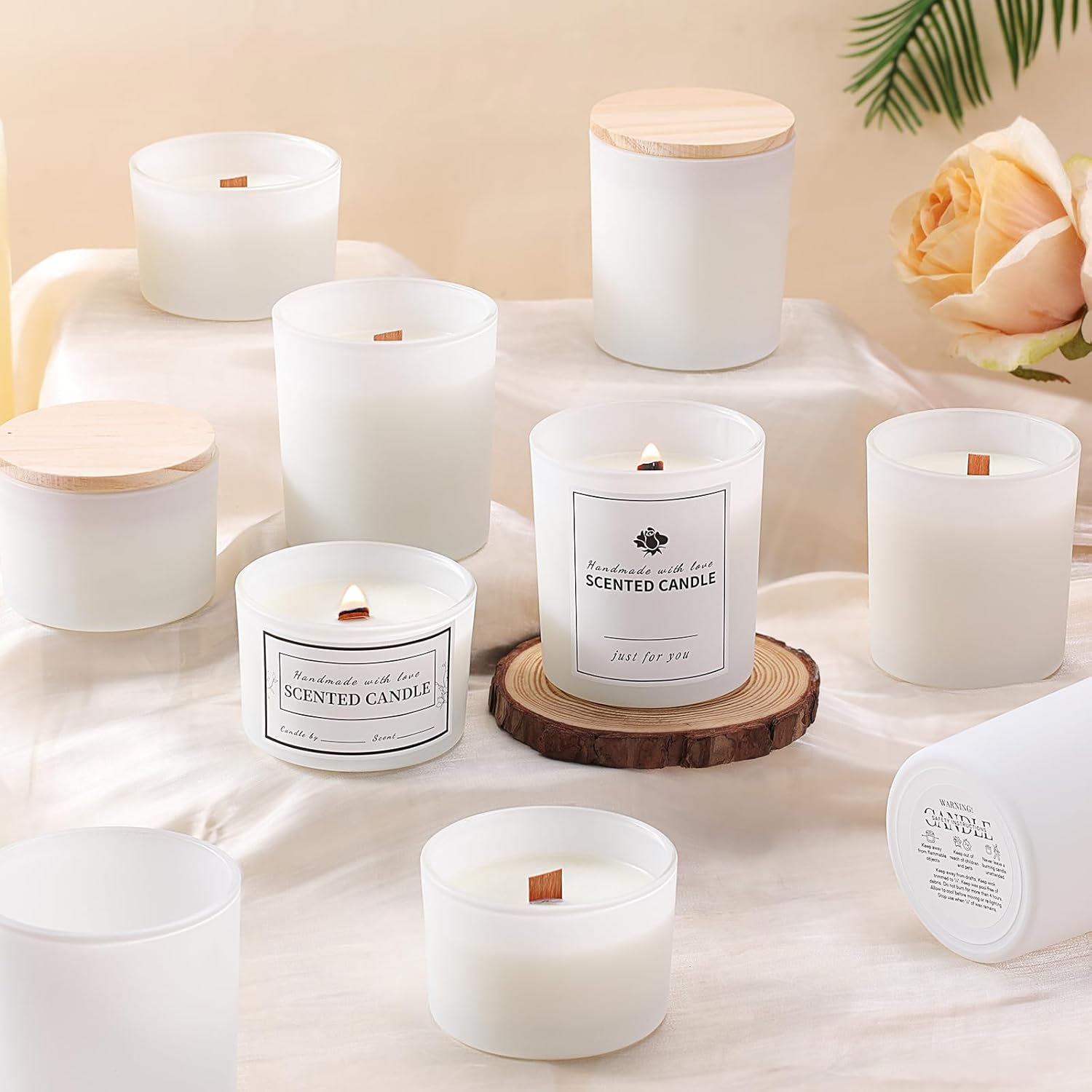 sunnyfuture 16 Pack Matte White Candle Jars, 8pcs 7oz + 8pcs 4oz Candle Jars for Making Candles with Wooden Lids and Labels for DIY, Gifts, Home