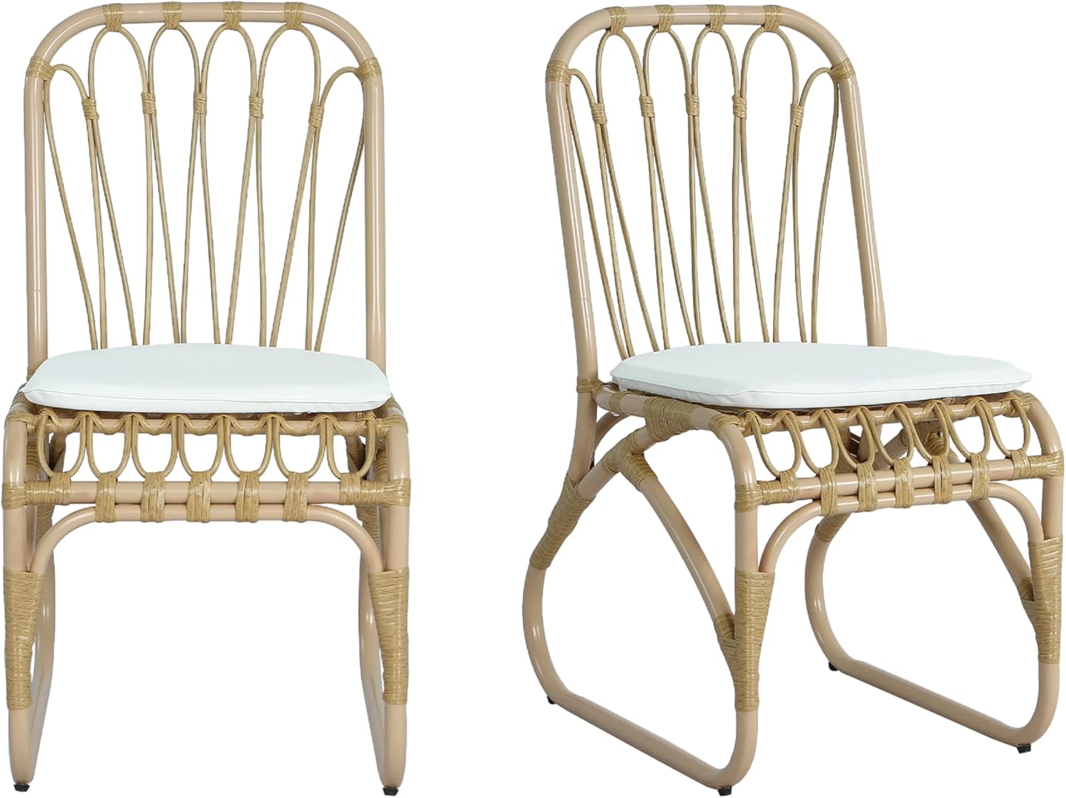 Outdoor Rattan Chairs Set of 2 - Wicker Patio Chairs with Washable Cushion and Petal-Shaped Backrest, Boho Outdoor Chair with Iron Frame for Backyard, Balcony, Porch (Yellow)