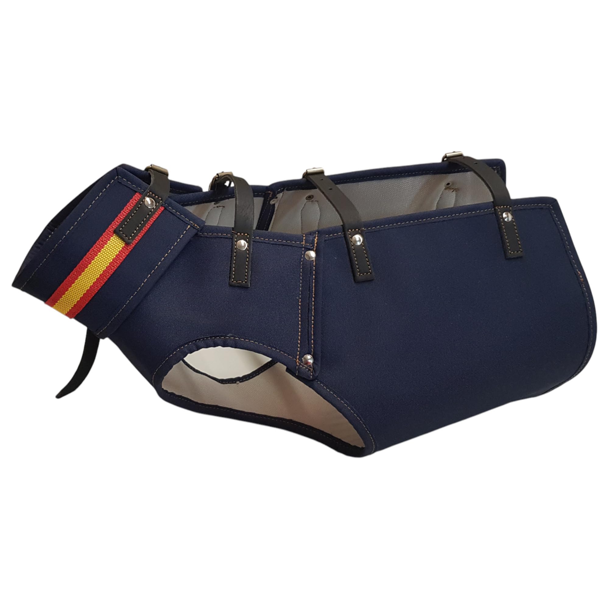 Chaleco Protector para Perros de Caza, contra embestida de jabalí, Azul Marino con Bandera España, Ajustable con Hebillas (Large-Diametro Pecho 55 a 60 cm)