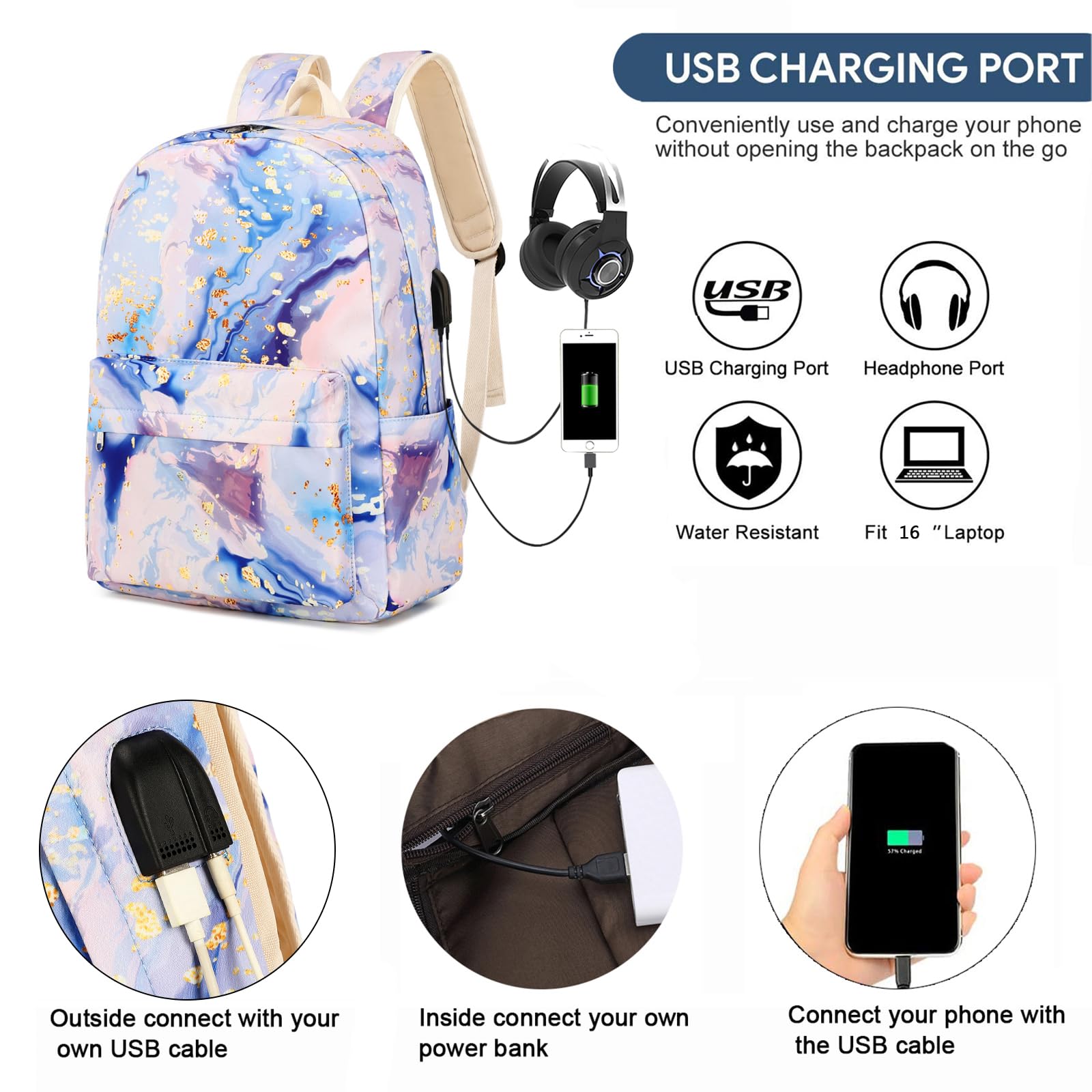Zaino scolastico per ragazze e adolescenti, set con portapranzo, astuccio da viaggio, zaino per computer portatile, zaino casual