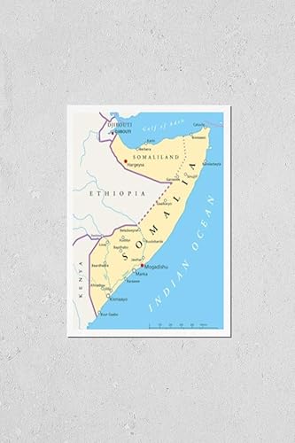 Wall Art Poster Print of Somalia Political Map With Capital Mogadishu, With National Borders, Most Important Cities and Rivers. Illustration With