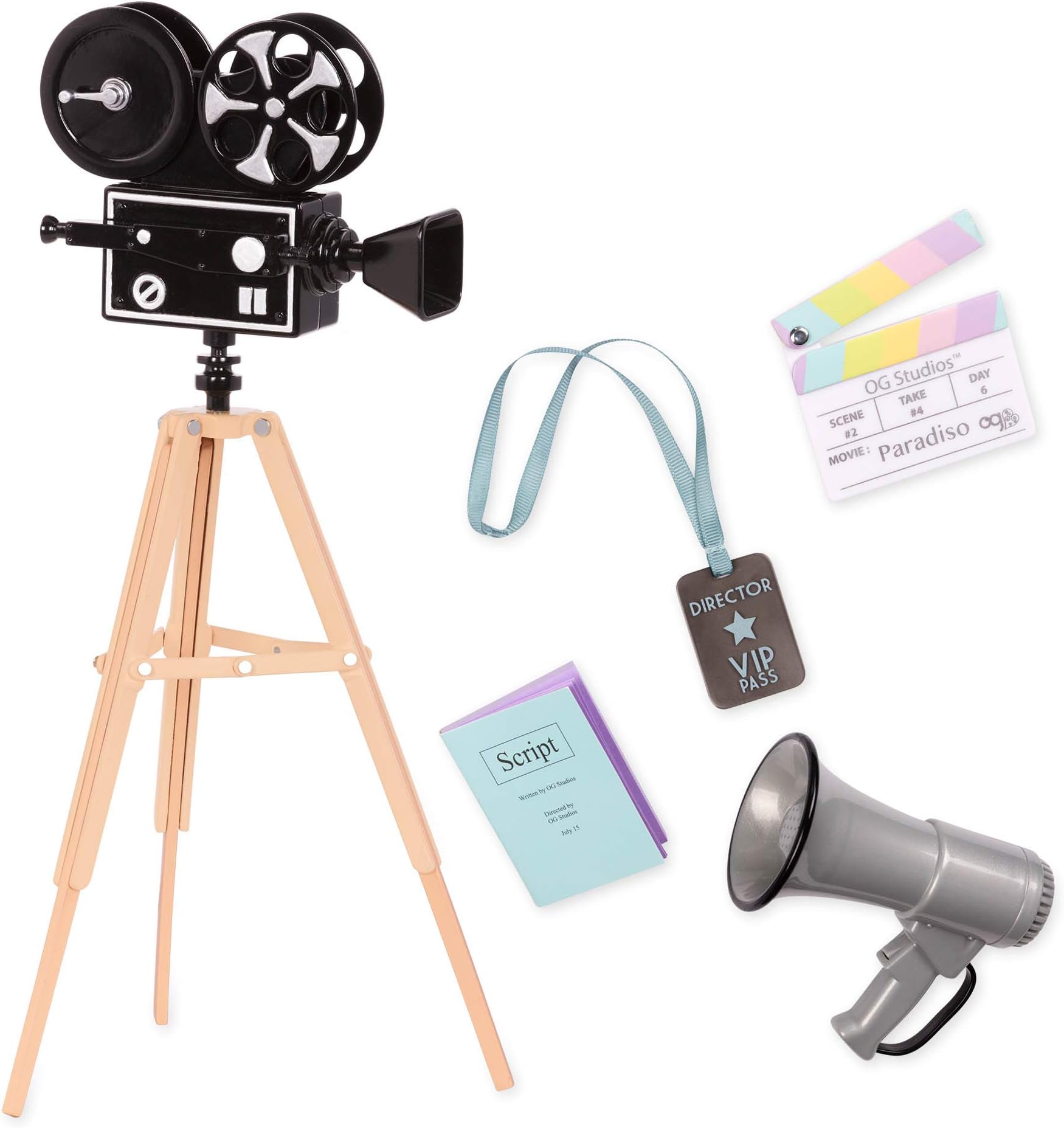 Our Generation18" Doll Accessories - Story Starter ~ Camera's Rolling! Playset ~ Includes Pretend Camera, Tripod, VIP Pass, Clapperboard, Script and Speakerphone