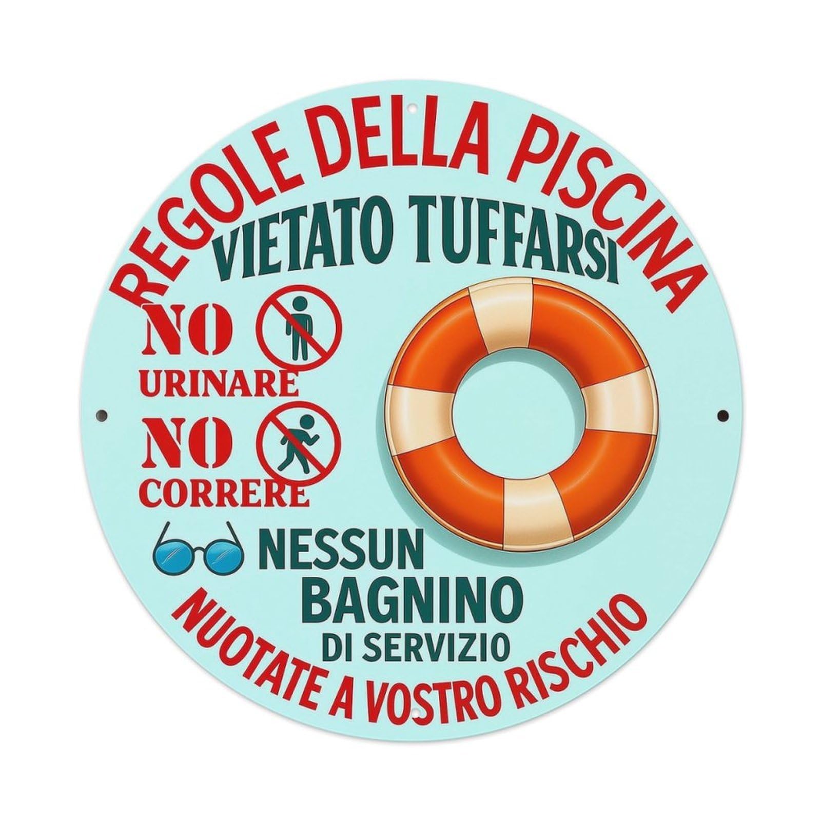 Regole Della Piscina Vietato Tuffarsi No Urinare Vintage Round Tin Sign Retro Metal Wall Decor Metal Poster, Home Bar Garage Cafe Wall Art Decoration 8x8Inches