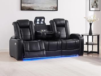 3 Seats Black PU Breather Leather Power Recliner Sofa for Living Room.