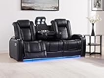 THSUPER Black Leather Power Recliner Sofa Couch with Arm Storage and Power Headrest, Leather Living Room Reclining Couch with Cup Holders and Wireless Charging. Black Sofa | Breathable material, LED ambient light, Reading light, Hidden outlet, USB and Type-C port