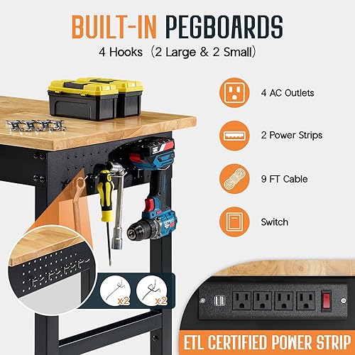 Miniatura 6 de SPECRAFT Banco de trabajo ajustable de servicio pesado con 4 tomas de corriente de CA y 2 puertos USB, capacidad de 2000 libras, superficie de