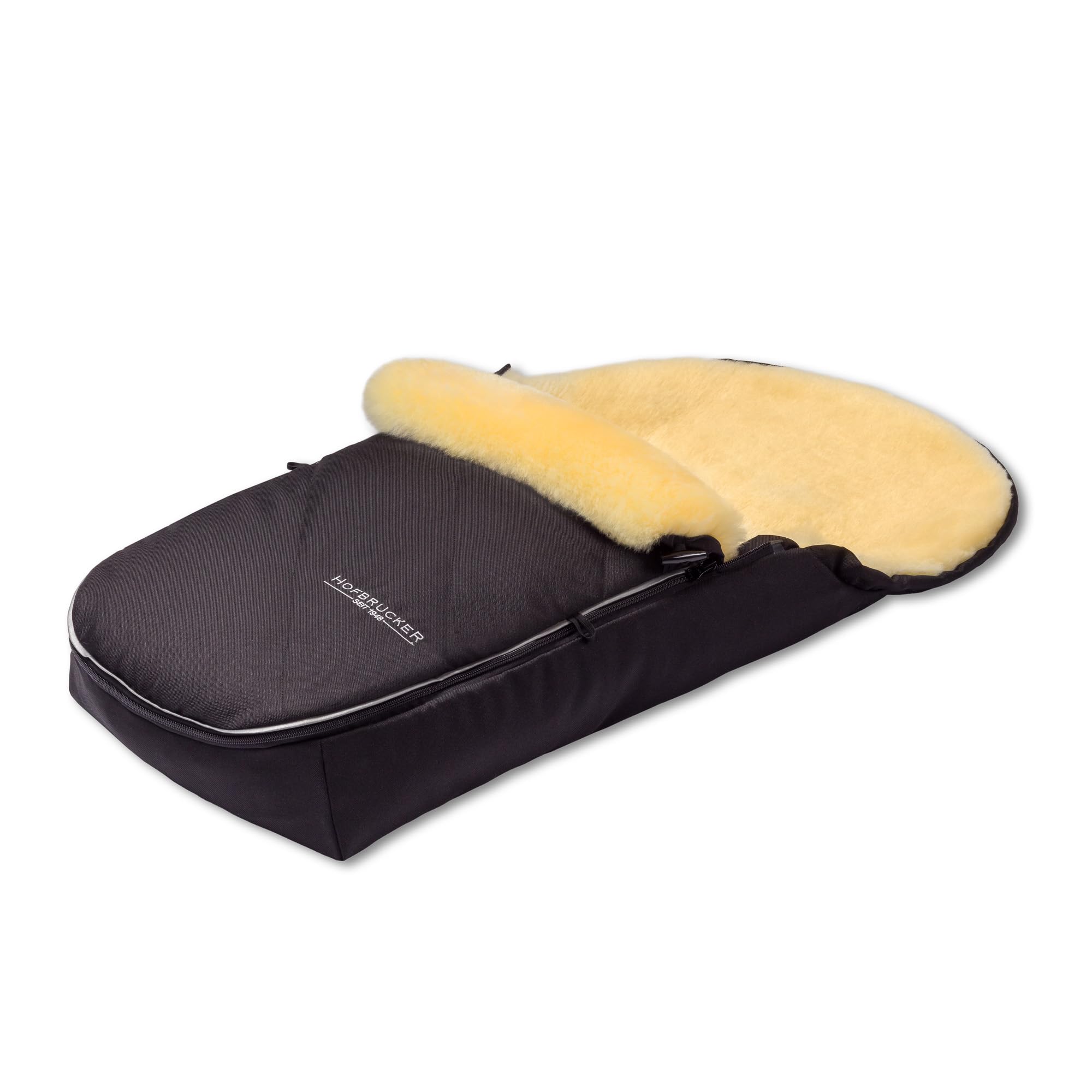 Hofbrucker® Premium Kinderwagen Fußsack Toni für Herbst/Winter/Frühjar aus Lammfell für Kinderwagenwanne & Maxi Cosi 0-10 Monate mit abnehmbaren Deckel Made in Germany (schwarz) | Fußsack für Herbst/Winter/Frühjahr für Kinderwagenwanne & Maxi Cosi ab Gebu