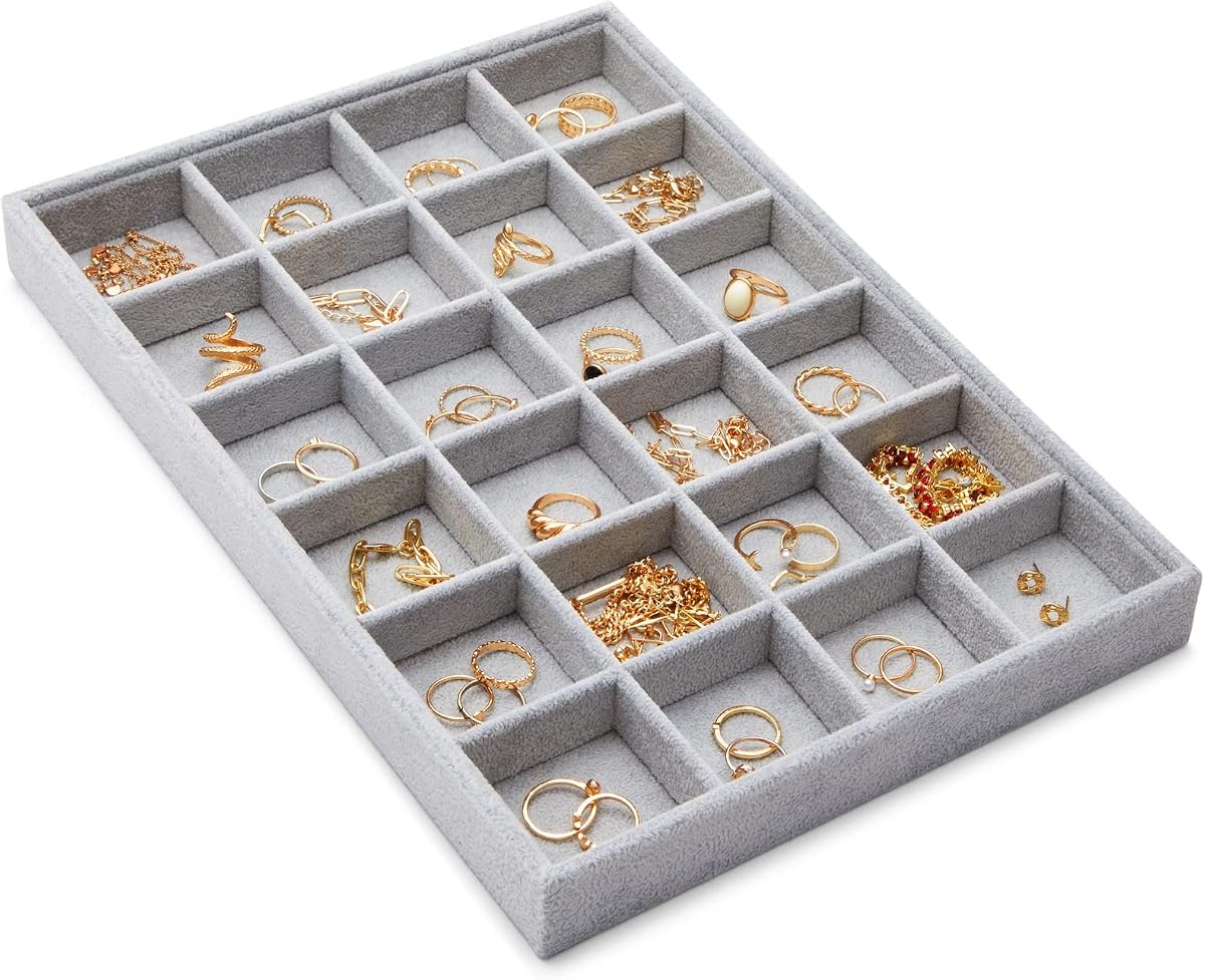 Juvale Velvet Jewelry Organizer Tray - Earring Tray Insert with 24 Compartments - Stackable Jewelry Drawer Organizer - Includes Bracelet Holder Slots - Gray, 14 x 10 in