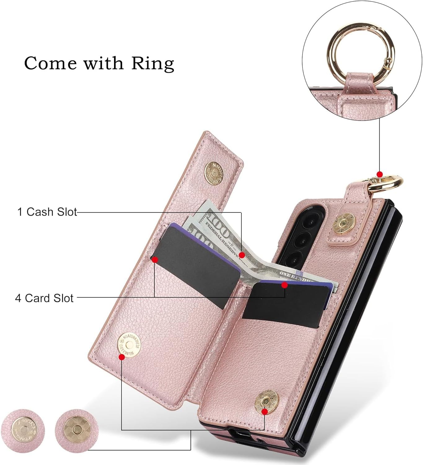 for Samsung Galaxy Z Fold 3 Wallet Case with S-Pen Holder and Credit Card Holder, Cash Slot, Premium Leather Magnetic Clasp Kickstand Heavy Duty Ring Protective Cover.(Rosegold)