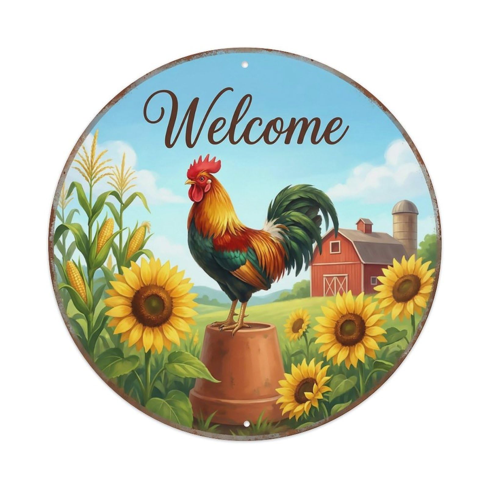 Welcome Rooster Sunflower Farm Metal Tin Sign