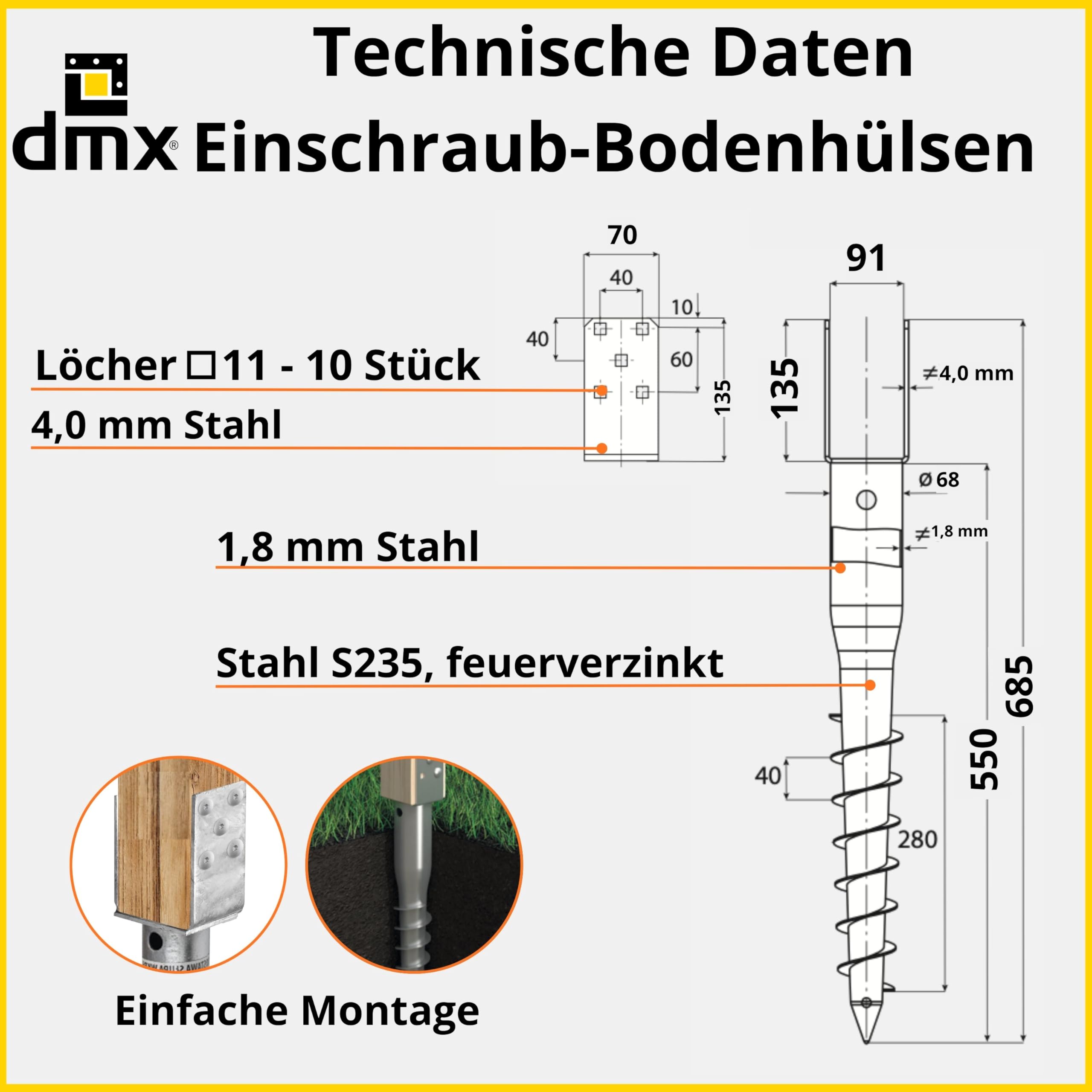 Pfostenträger U Profil - Einschraub Bodenhülsen - Stützenfuß - Einschraubhülsen - U Pfostenträger 90x90 mm - Stutzen - Einschraubbodenhülse - Bodenanker - Pfostenanker