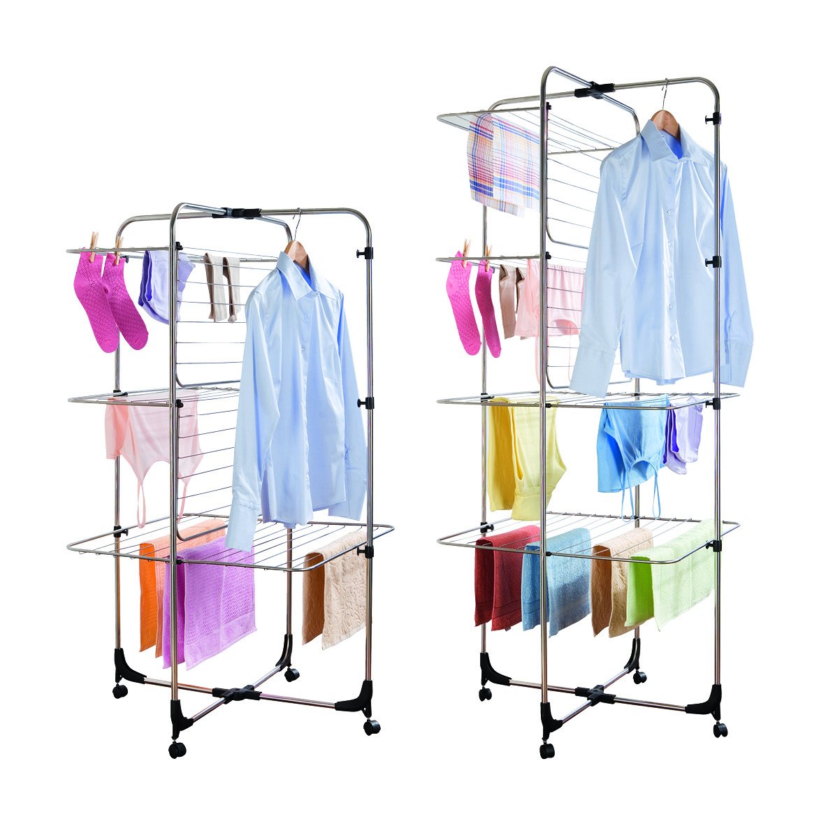 Wenko Turm Wäscheständer 3 Etagen, Wäschetrockner mit klappbaren Flügeln, rollbar, zusammenklappbar, 30 m Trockenlänge, Edelstahl rostfrei, 70 x 130 x 70 cm, Silber matt, 70 x 70 x 130 cm