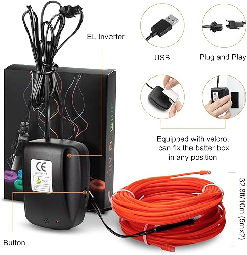 Miniatura 6 de Cable USB EL, 2 modos de cable de luz brillante, 32.8 pies32.8 ft (5 mx2) tira de luz flexible de neón para fiestas, Halloween, Navidad, decoración
