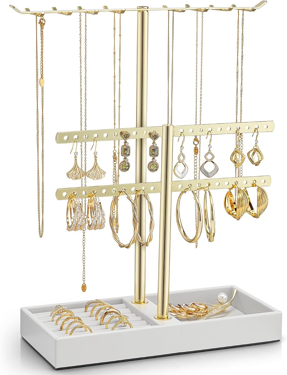 VLANDO Organizador de soporte de joyería de 2 niveles con tary, exhibidor de soporte de joyería de cuero para mujeres, soporte de soporte de joyería de oro para collar, arete, pulsera, anillos - Blanco