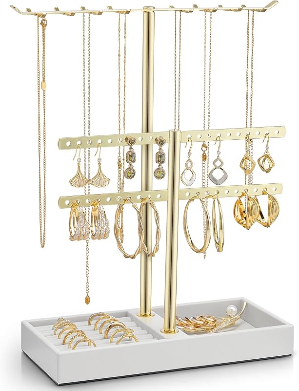 VLANDO Organizador de soporte de joyería de 2 niveles con tary, exhibidor de soporte de joyería de cuero para mujeres, soporte de soporte de joyería de oro para collar, arete, pulsera, anillos - Blanco