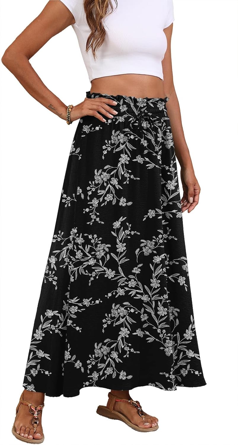 Askyes Womens Maxi Skirt Summer Tie Knot Elastic High Waisted Boho Casual Beach Flowy Swing Long Skirts with Pockets - Image 4