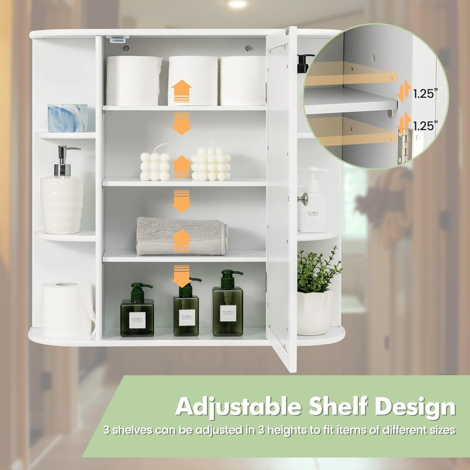 Bathroom Mirror Cabinet, Medicine Cabinet with Door and Adjustable Shelves, Over The Toilet Vanity Organizer Space Saver, Wall Cabinet for Entryway, Living Room, Pantry