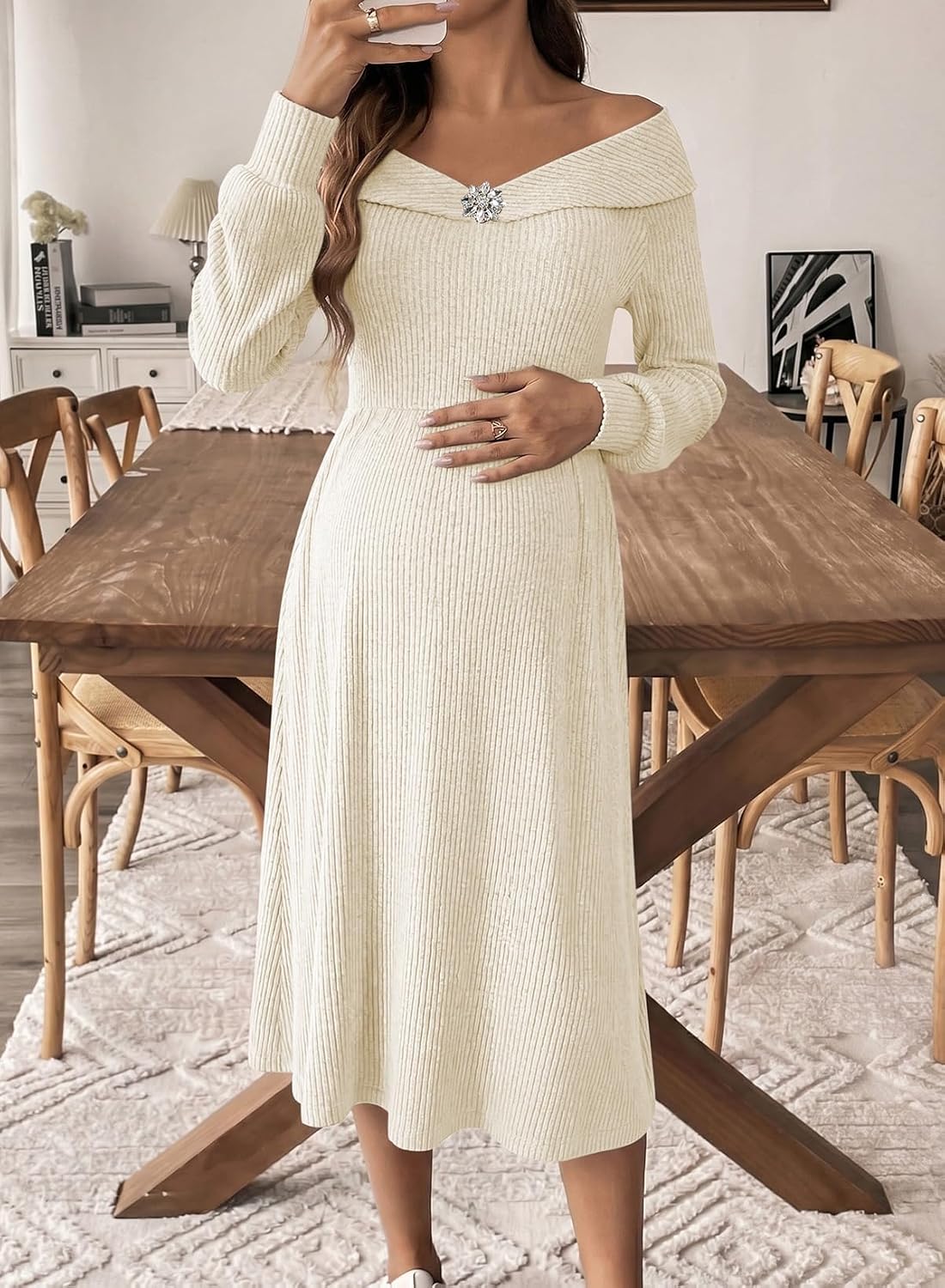 BLENCOT Womens Off Shoulder Knit Midi Dresses Long Sleeve Bump Friendly