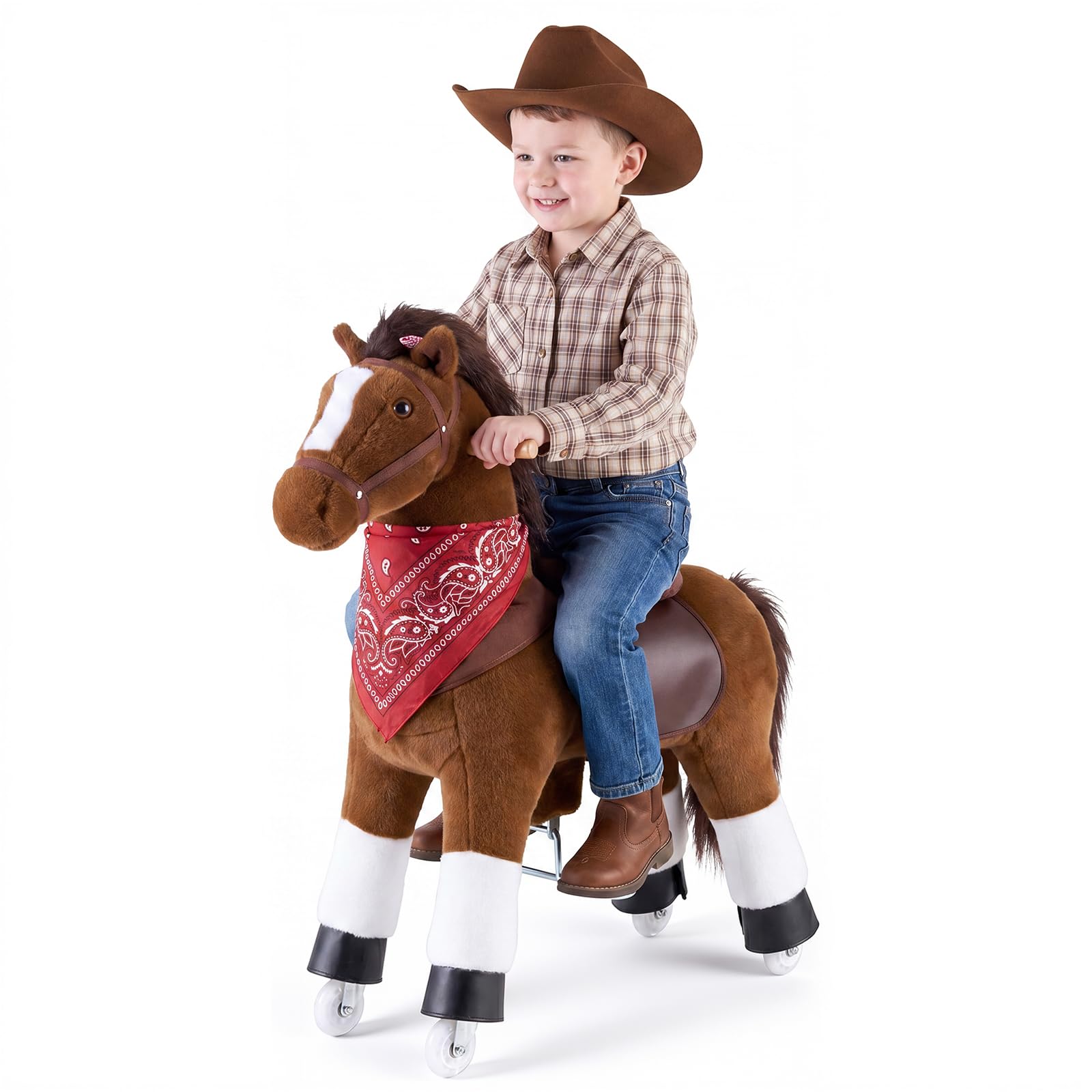 VEVOR Cheval à Roulettes pour Enfants dès 6 ans, Cheval Mécanique à Monter Fonctionnant sans Pile, Charge Max. 80 kg, Poney Jouet avec Siège Rehaussé, Poignées, Pédales et Roues avec Anneau Anti-Recul