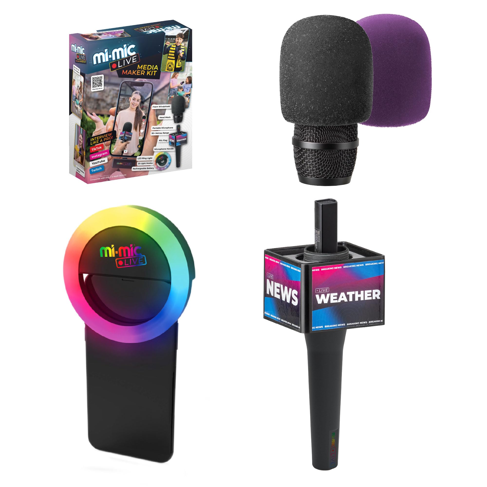 Mi-Mic Live Media Maker Kit with 25m Wireless Microphone, Clip On Lapel Mic and LED Ring Light, Clear Sound For Content Creation