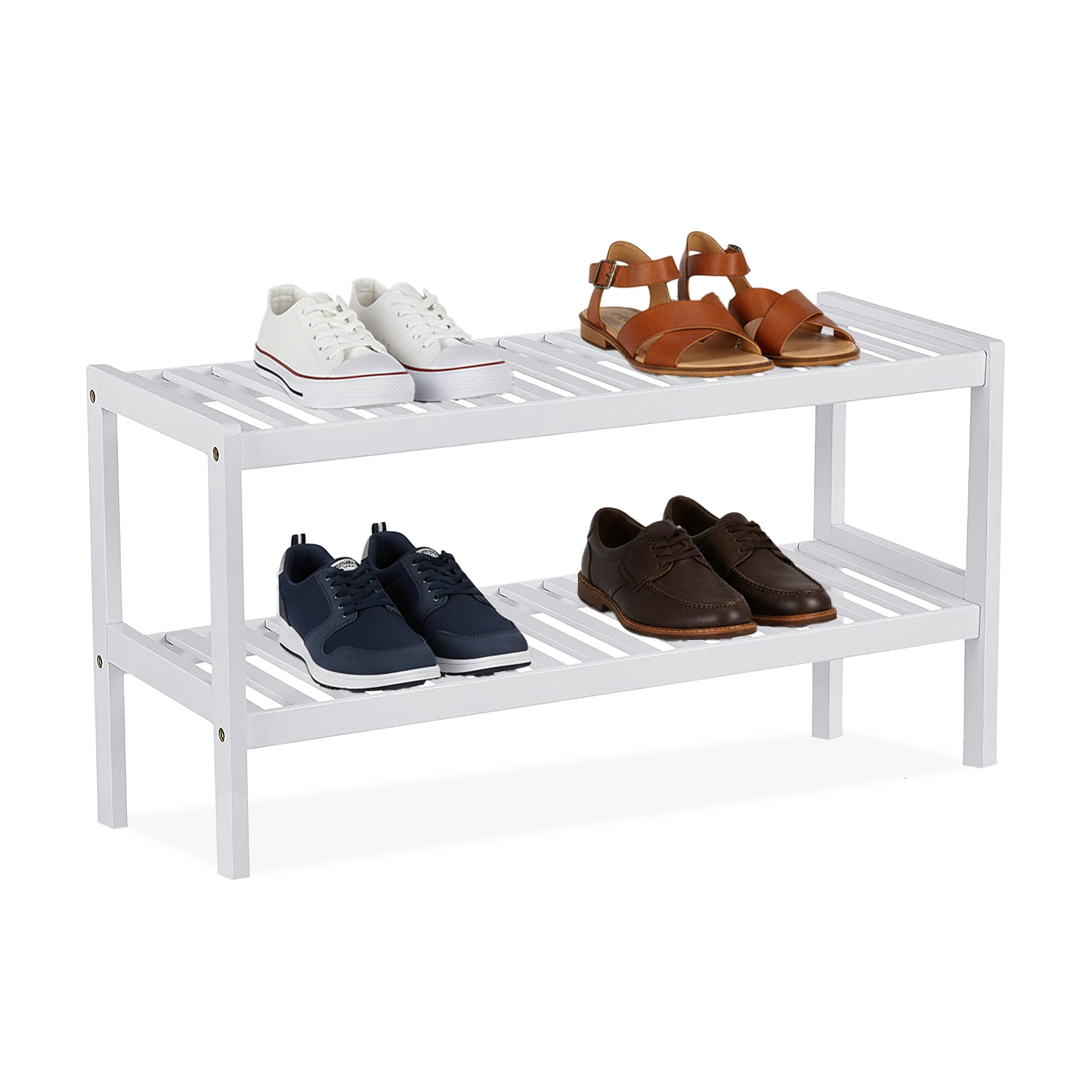 Relaxdays bamboo shoe rack, HxWxD: 33 x 70 x 26 cm, 2 tiers, holds 6 pairs of shoes, white shoe stand with shelves