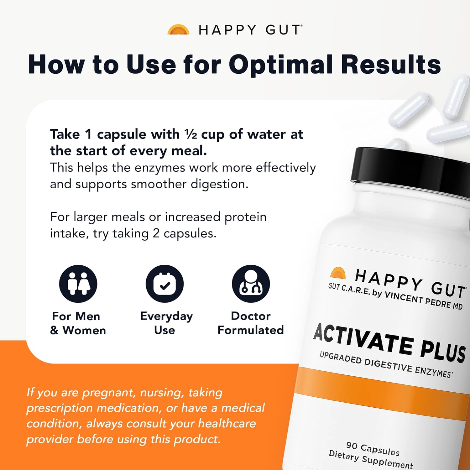 HAPPY GUT Activate Plus – Doctor-Formulated Digestive Enzymes for Women & Men - Supports Digestion, Gut Balance and Energy – 90 Capsules
