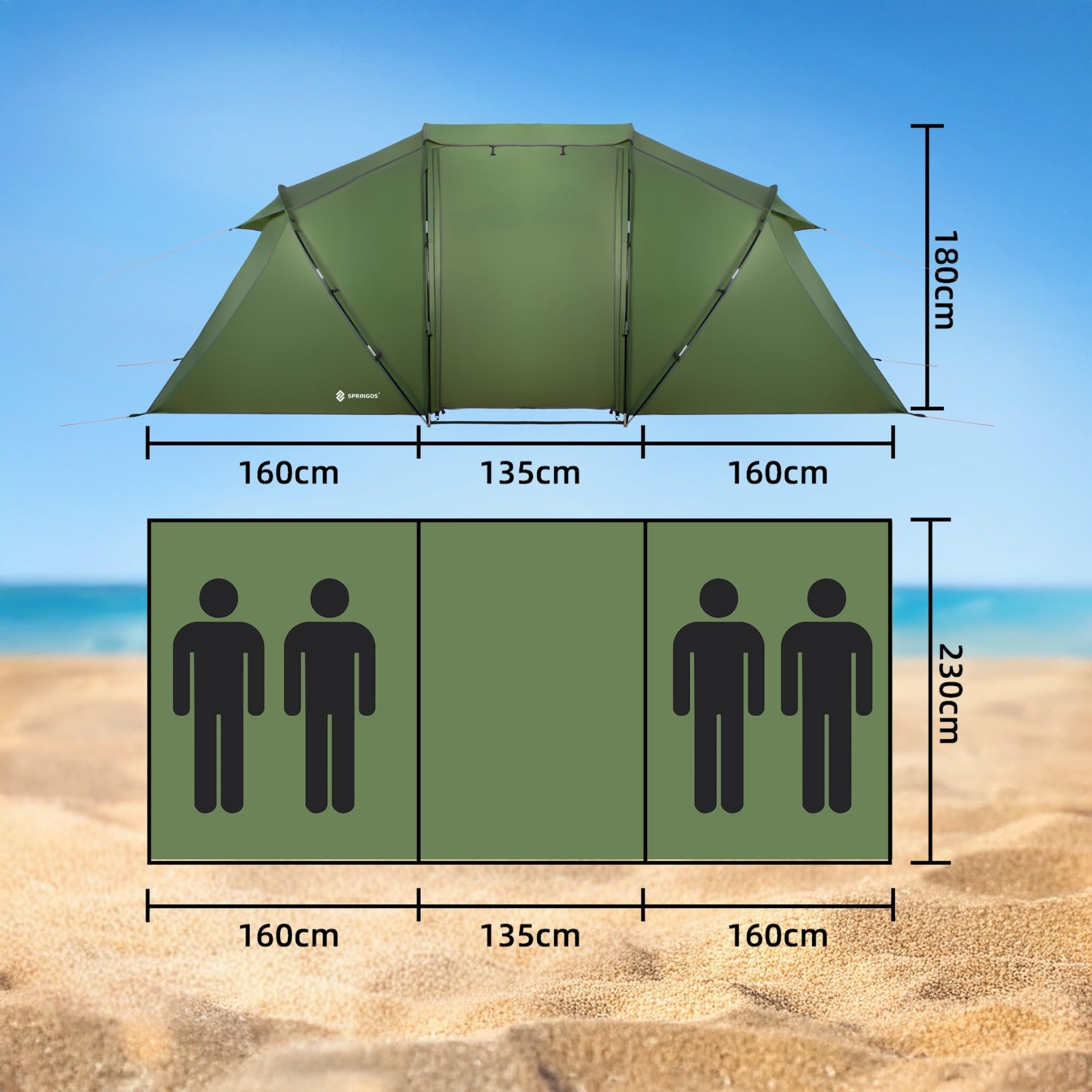 SPRINGOS Campingzelt Kuppelzelt bis 4 Personen mit Vorraum und 2 Schlafkabinen Haken für Zeltlampe Abspannleinen Tragetasche
