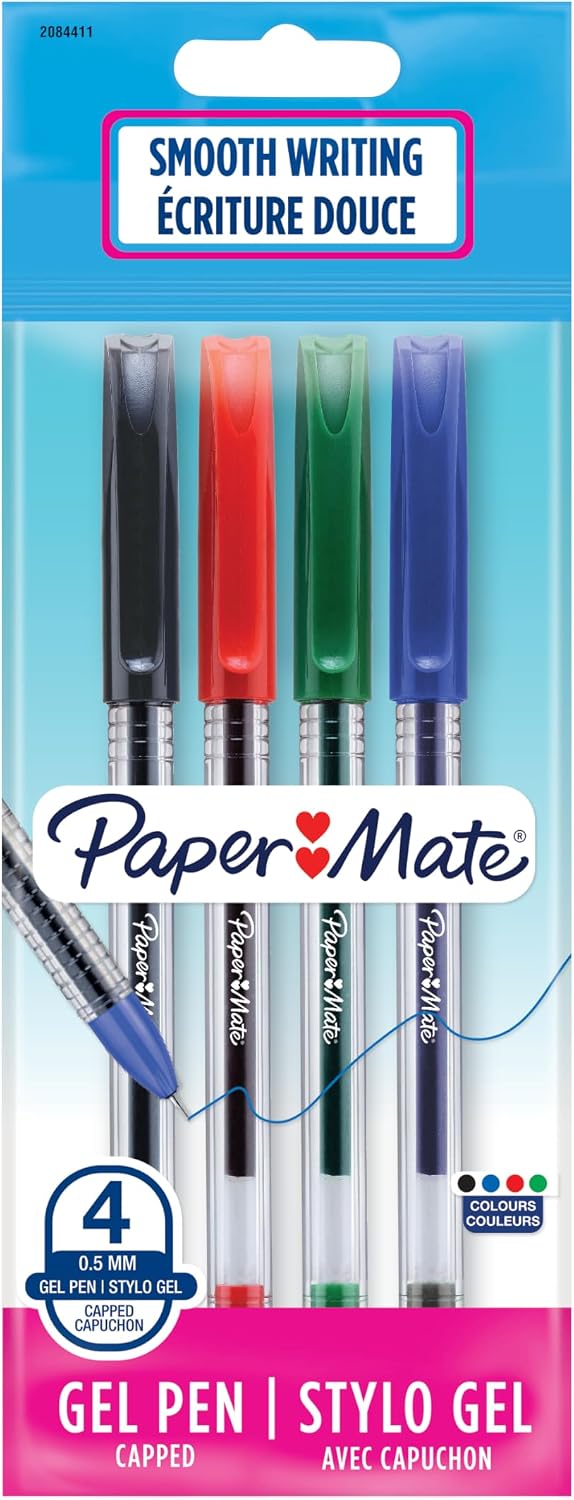 Penne gel con cappuccio Paper Mate PM Jiffy 0,5 mm Nero/Blu/Rosso/Verde Conf. 4 pezzi