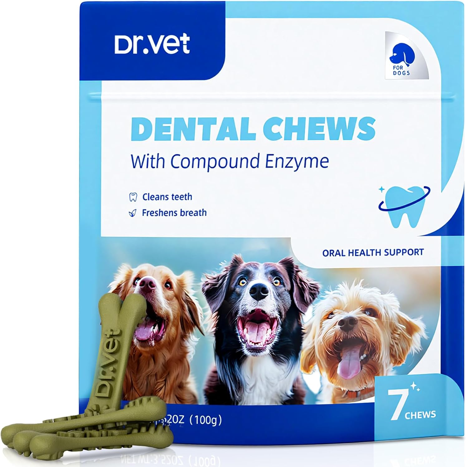 Dr.vet Dog Dental Chews, Dog Dental Sticks for Plaque and Tartar Remover for Dogs, Dog Breath Freshener and Teeth Cleaning Treats, Rawhide Free Dog Chews for Small Breed Dog Treats, 100g (7 Sticks)