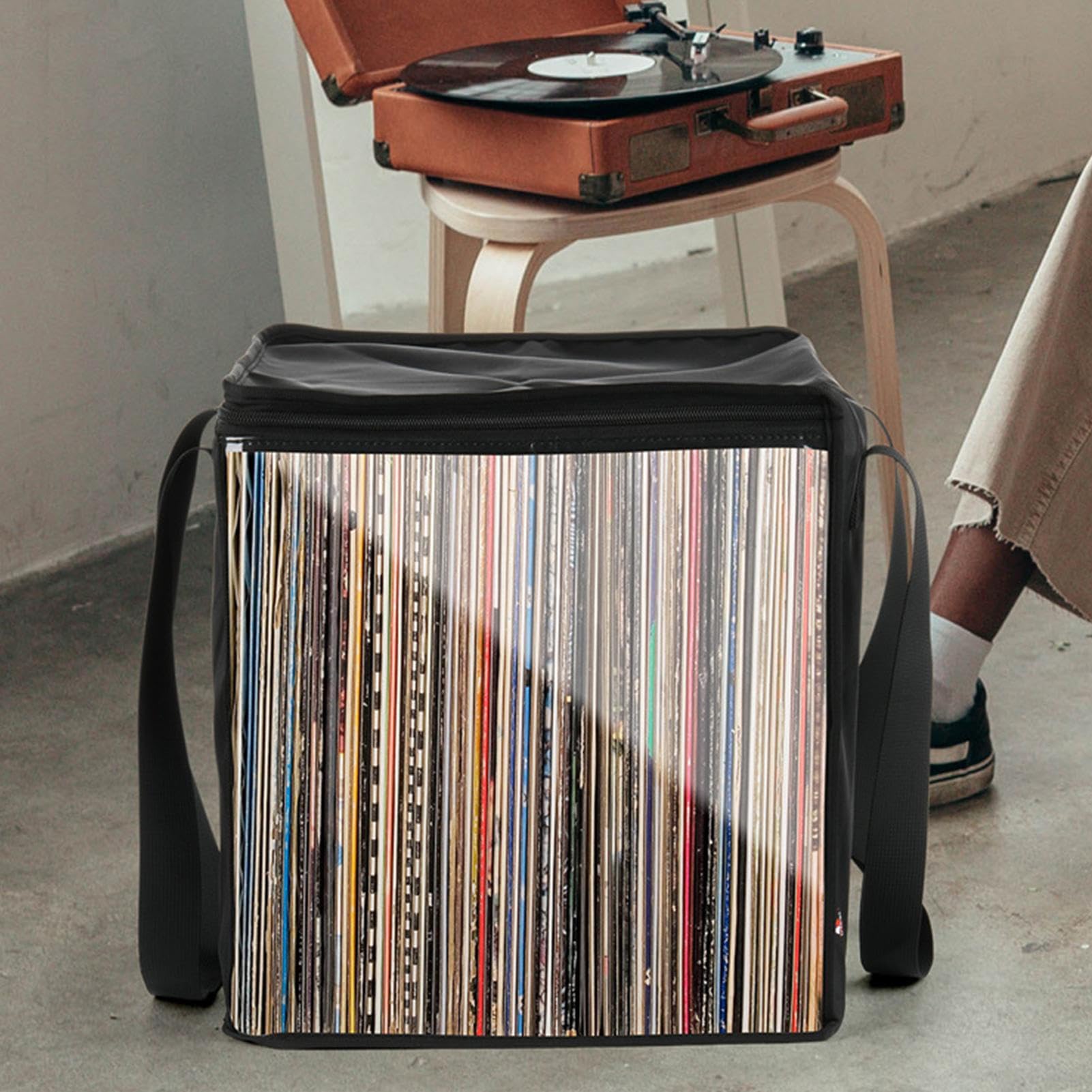 Borsa per Trasporto di Dischi in Vinile, Custodia Portatile per Dischi in Vinile, Organizer per Dischi con Coperchio Scatola Porta Raccolta per Contenere Fino A 50 Dischi LP