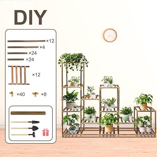 Miniatura 5 de Soporte para plantas para interiores y exteriores, estante para plantas de 12 niveles para múltiples plantas, combo de estante grande de madera