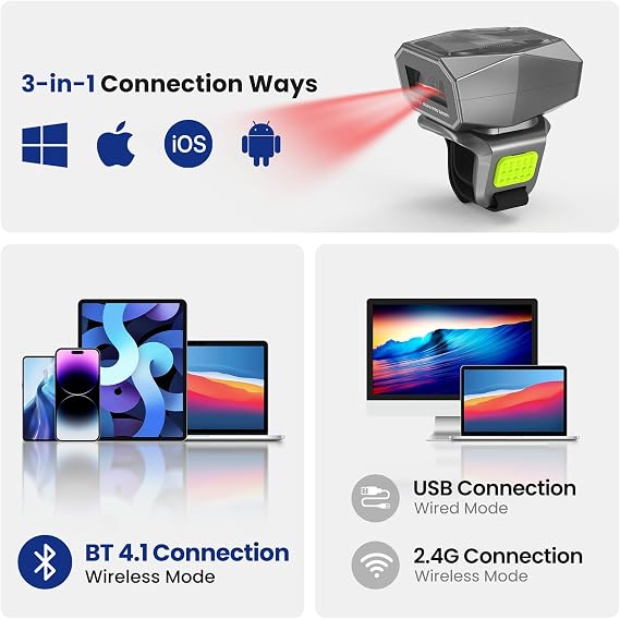 Eyoyo Bluetooth Ring Barcode Scanner: Fast & Long-Range Scanning, Mini Wearable 1D&2D Wireless Bluetooth Finger QR Code Scanner Compatible with iPhone iPad Android Phone for Warehouse Inventory 2025