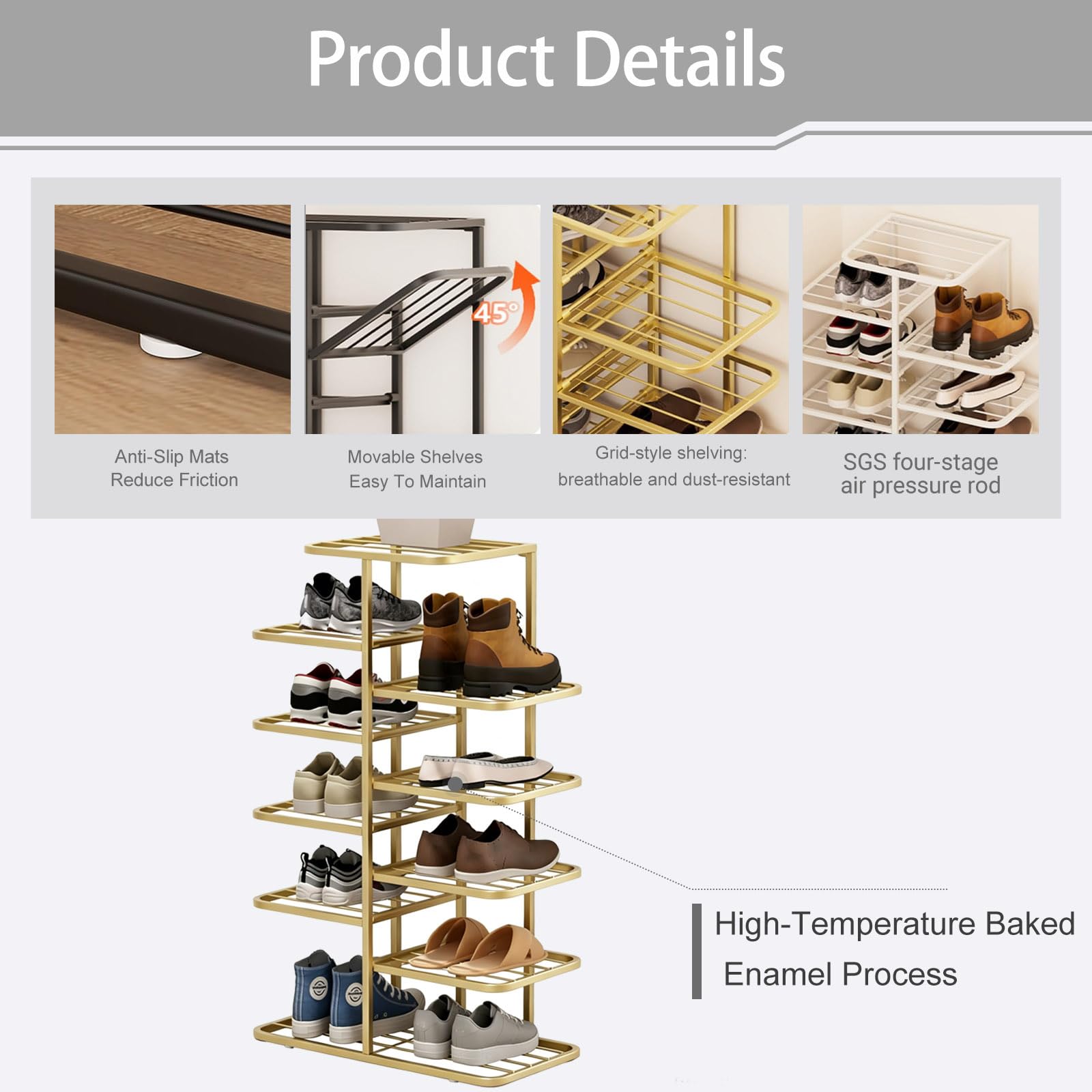 Gold Shoe Rack, 3-10 Tier Vertical Storage Tower, Ripiano a Doppia Fila in Metallo Stretto con Livelli Regolabili per l'armadio Entryway, organizzatore Sottile per Gli Stivali da Tacchi Sneakers