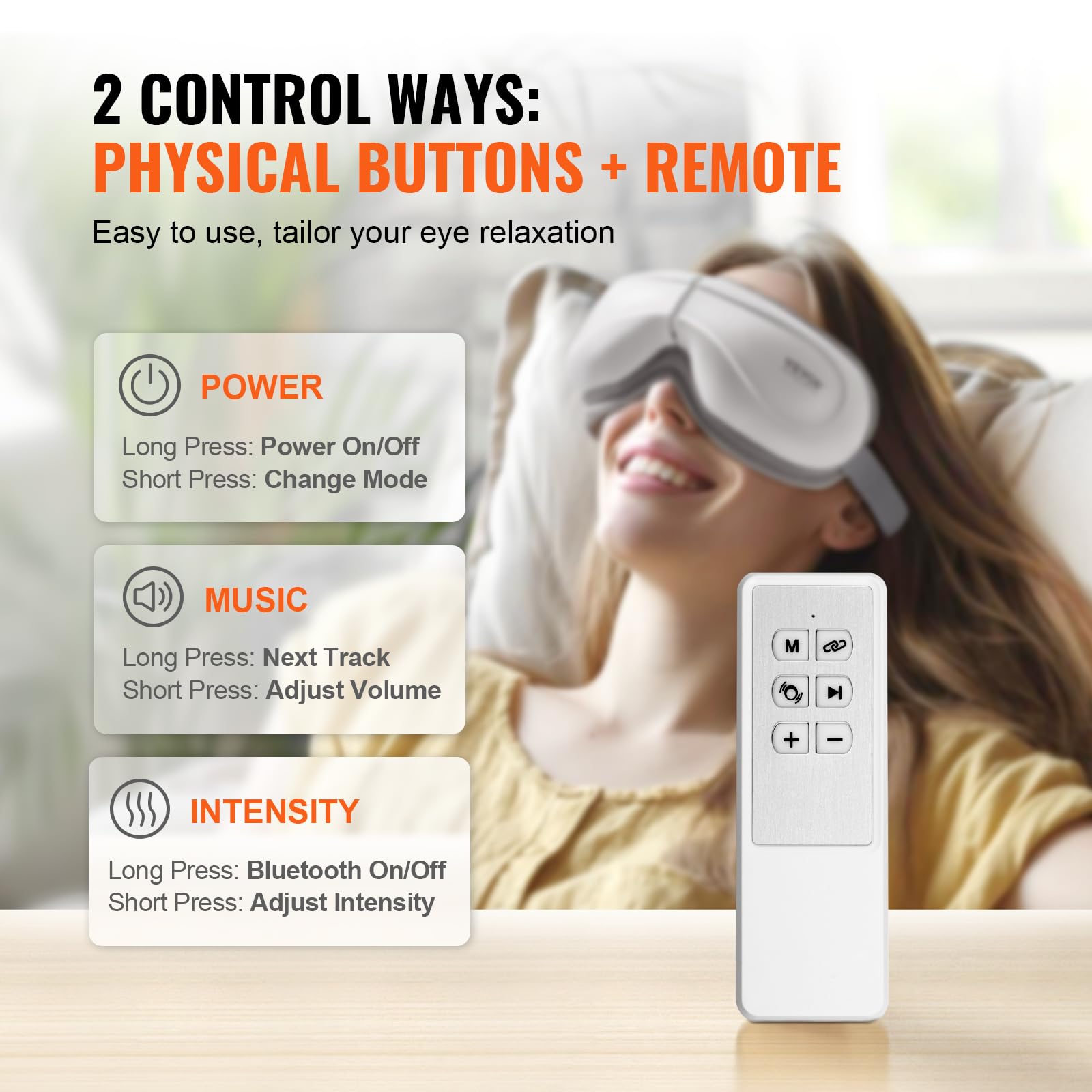 VEVOR Masajeador de Ojos Plegable con Calor y Control Remoto, con 5 Modos y Música Bluetooth, 180° para Fatiga Visual, Ojos Secos, Ojeras, Regalo Ideal para Mamá/Papá, Blanco, 208 x 40 x 99 mm