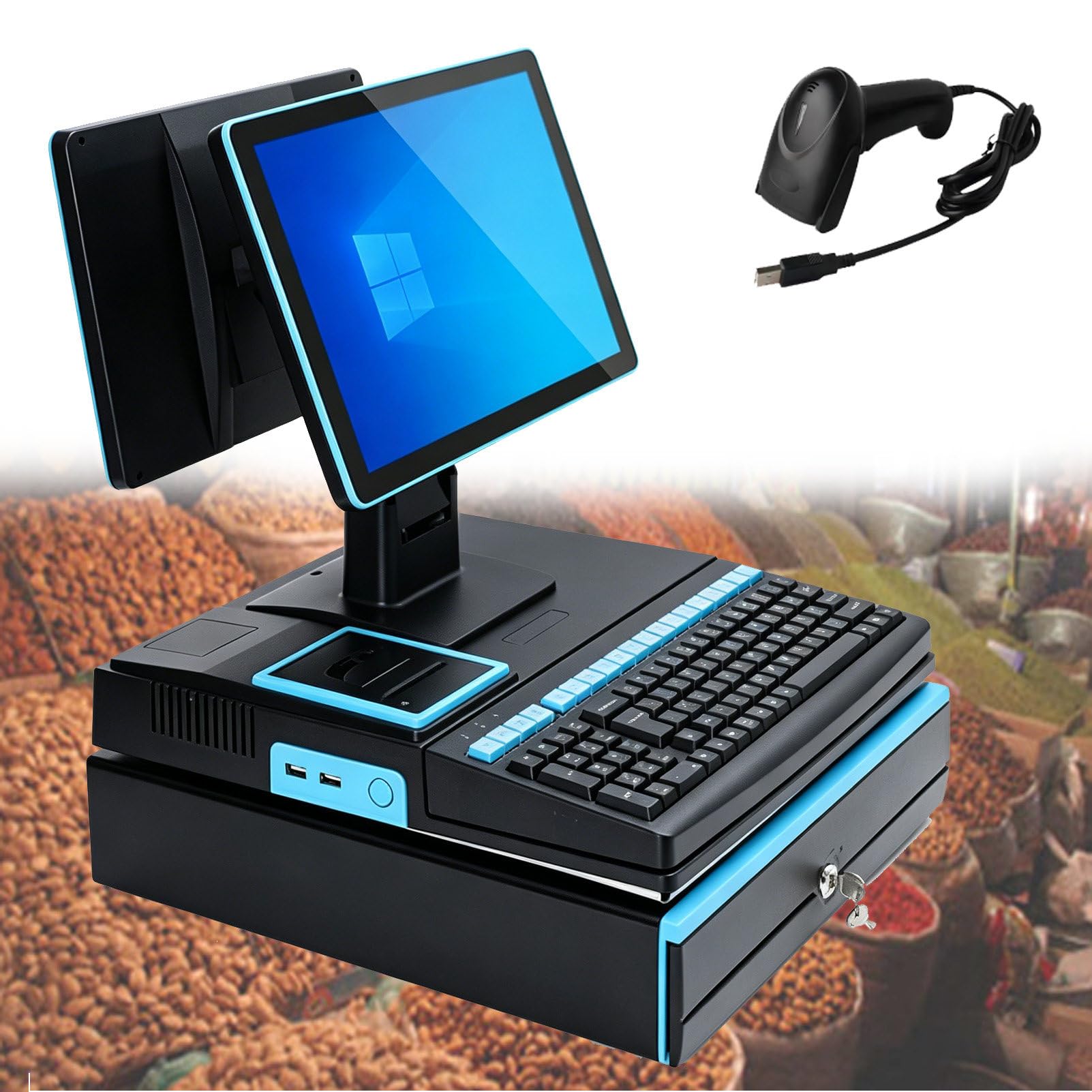 Pvxa Blue All-In-One Cash Register For Restaurants & Retail, With 15.6" Touch Screen Monitor, Cash Drawer, 58Mm Printer, Barcode Scanner, Touchscreen, For Small Business Dualscreen