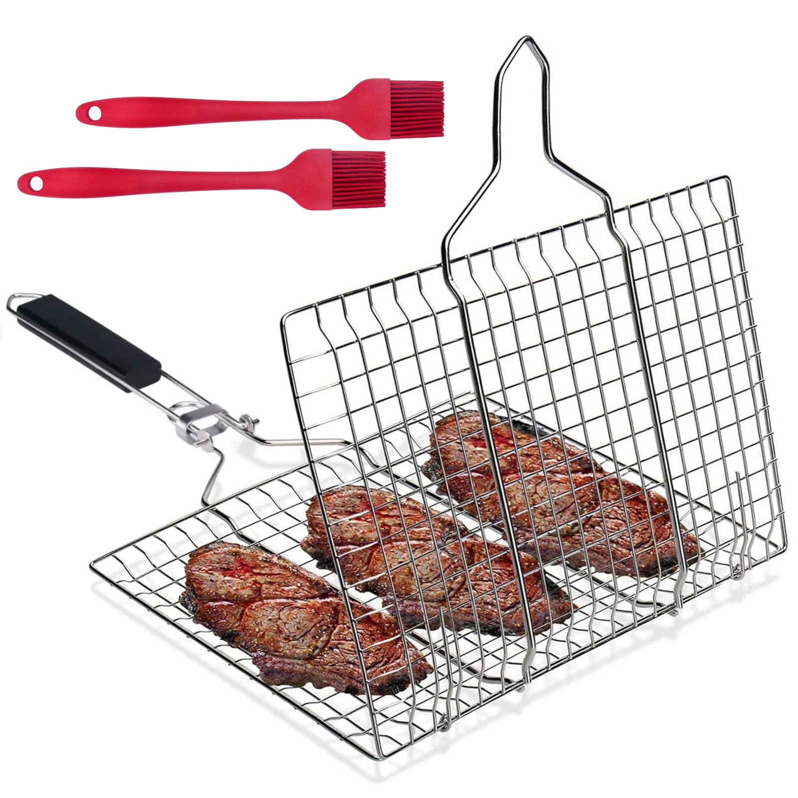 Panier de Barbecue Pliable 32 x 22 cm Acier Inoxydable avec 2 Brosses Silicone pour Poisson Crevettes Légumes Steak